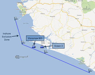 The location of two vessels observed by People & Power within the Inshore Exclusion Zone on 22nd October, 2011