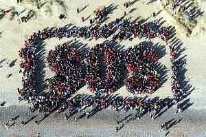 arial view of protestors forming a SOS on Walberswick beach
