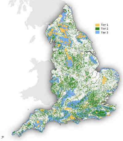 map of England showing 'Tier' areas