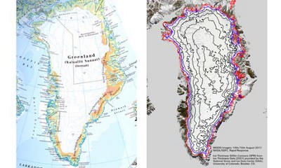 Times map of Greenland compared against MODIS satellite image