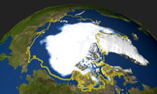 A satellite image showing the minimum concentration of Arctic sea ice in 2005.