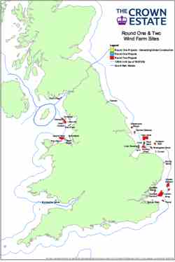 map of the UK showing proposed sites for offshore wind generation