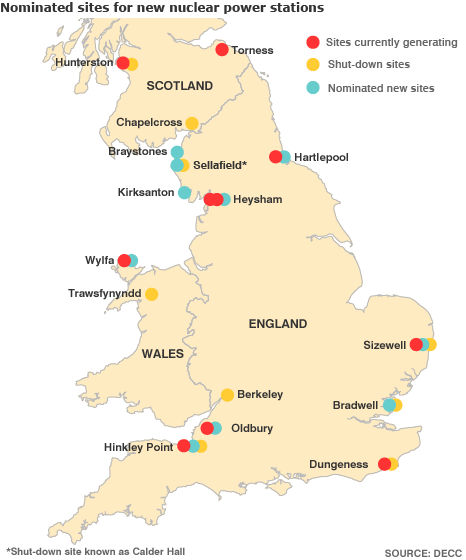 map of UK showing current and proposed nuclear power station