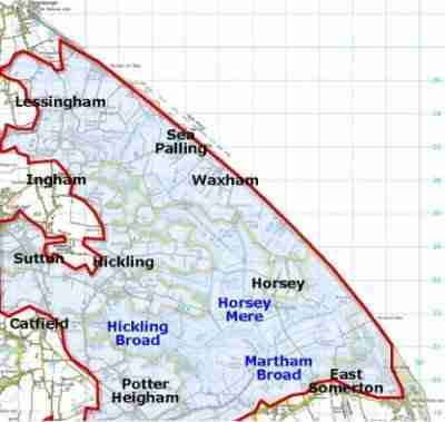 Map of north-east Norfolk showing area to be lost to sea